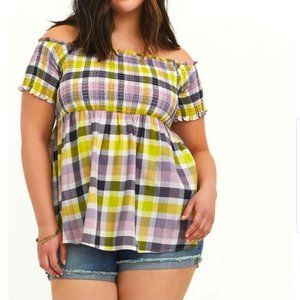 TORRID MULTI PLAID SMOCKED OFF THE SHOULDER TOP NEW W/TAGS BABYDOLL SUMMER 2X